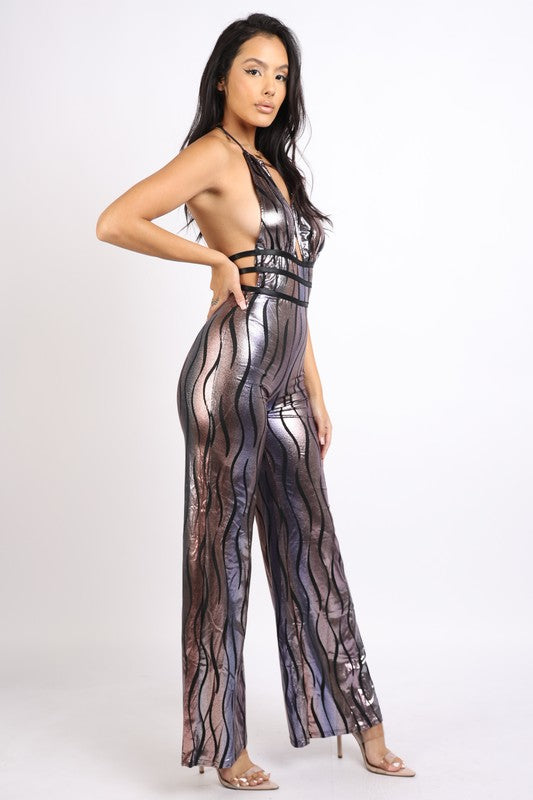 Foil Strap Keyhole Halter Neck Jumpsuit