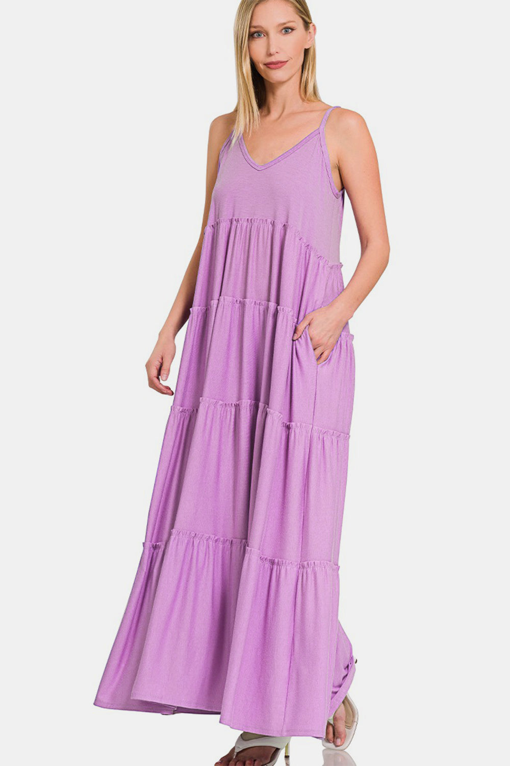 Zenana Frill Tiered V-Neck Maxi Cami Dress