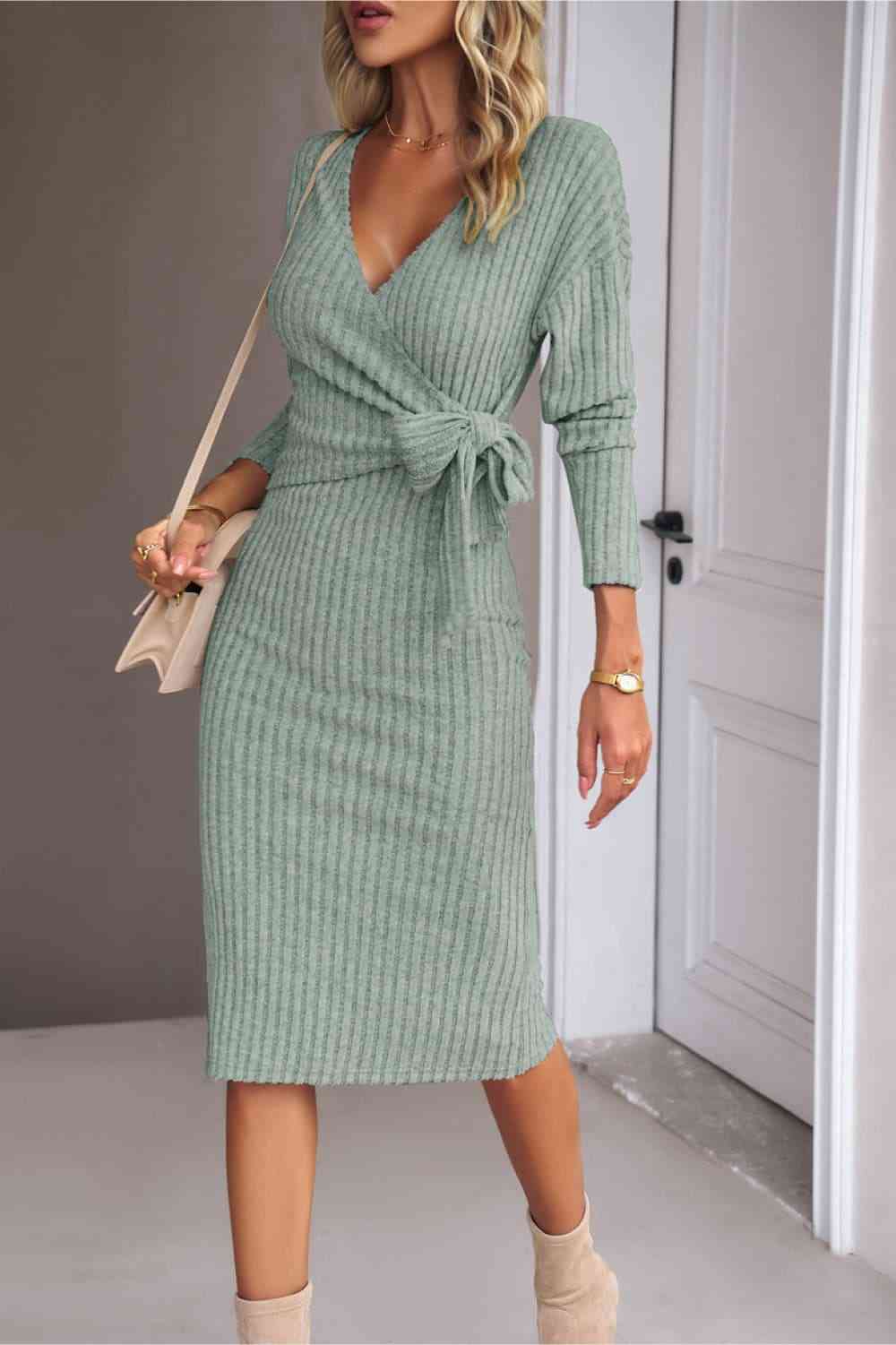 Surplice Neck Tied Ribbed Dress