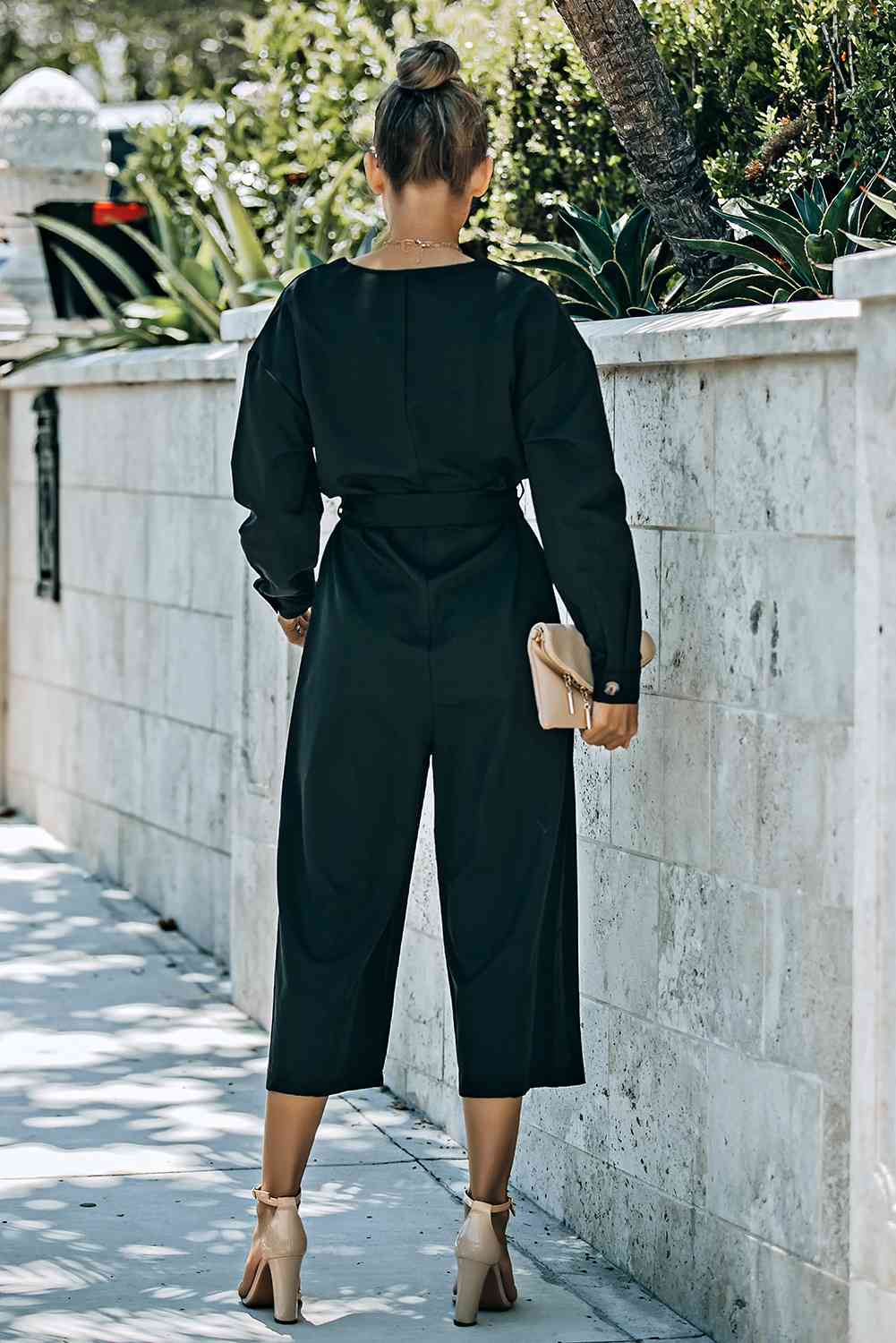 Belted Button Front Cropped Jumpsuit