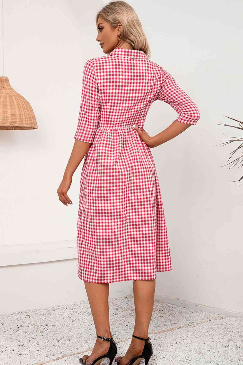 Plaid Collared Neck Midi Dress