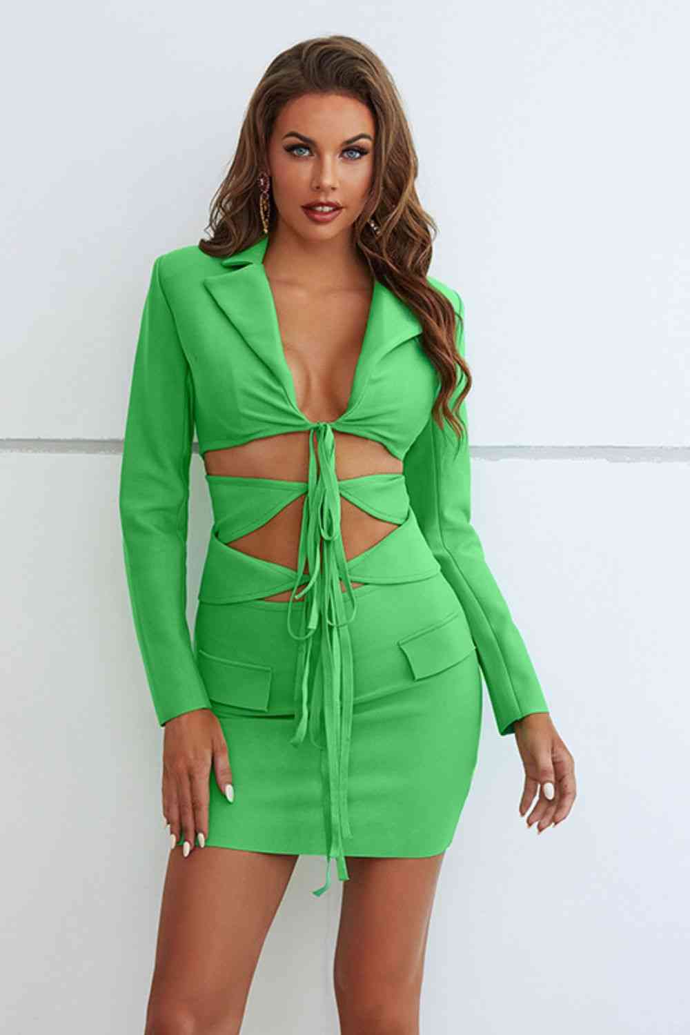 Cutout Tied Blazer and Skirt Set