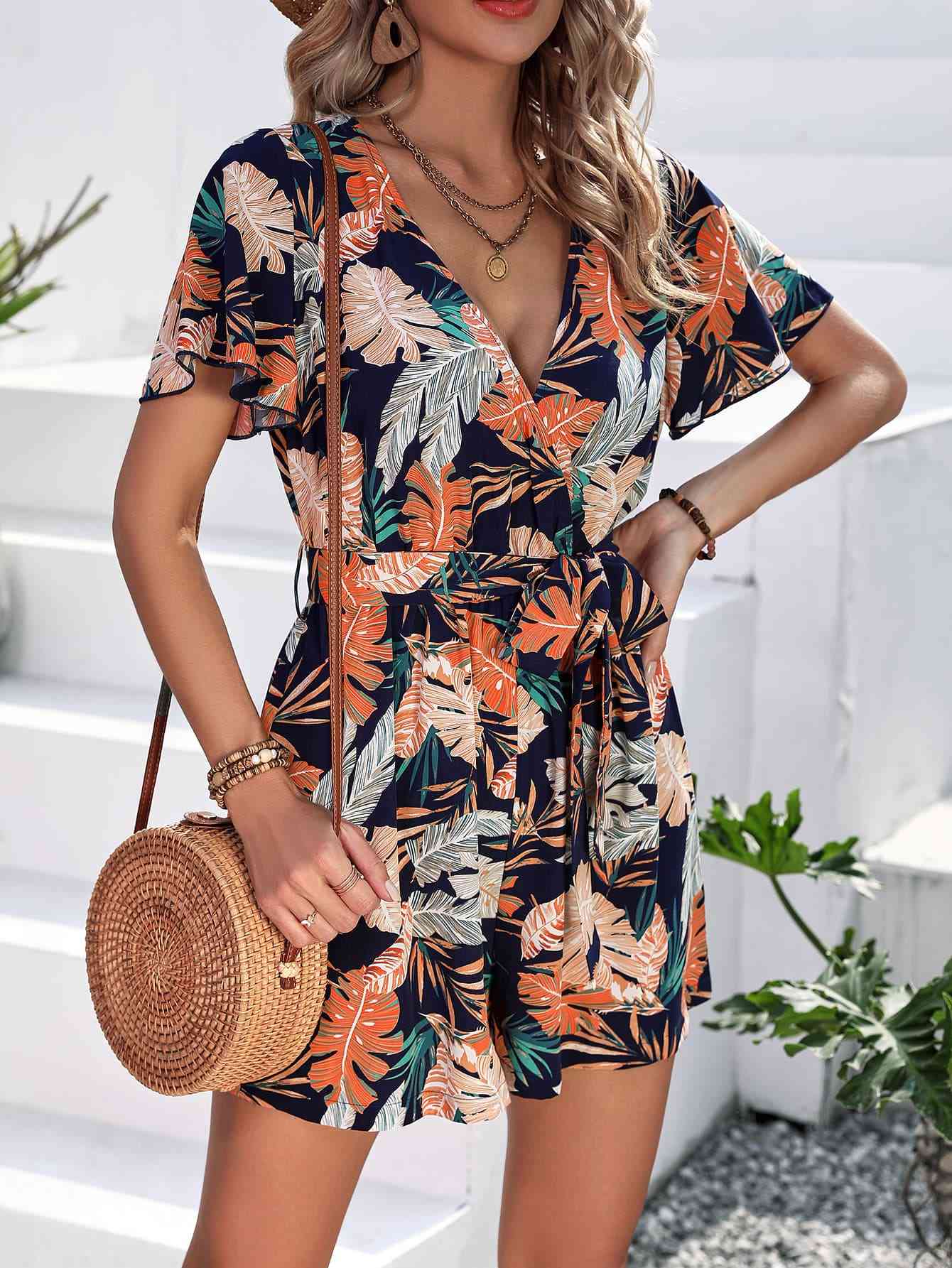 Botanical Print Surplice Neck Tie Waist Romper