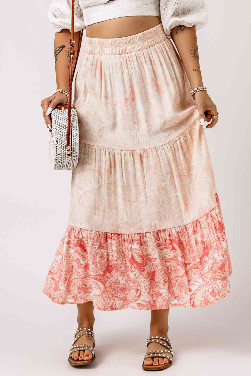 Floral Color Block Tiered Skirt