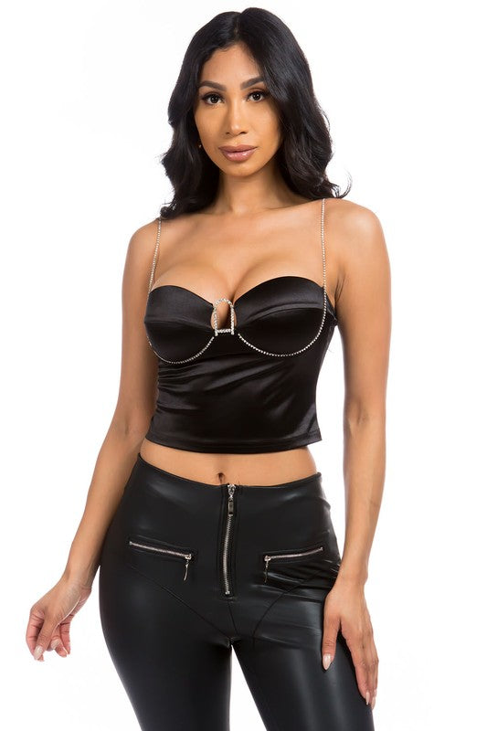 Jewel Crop Satin Diamond Strap Top