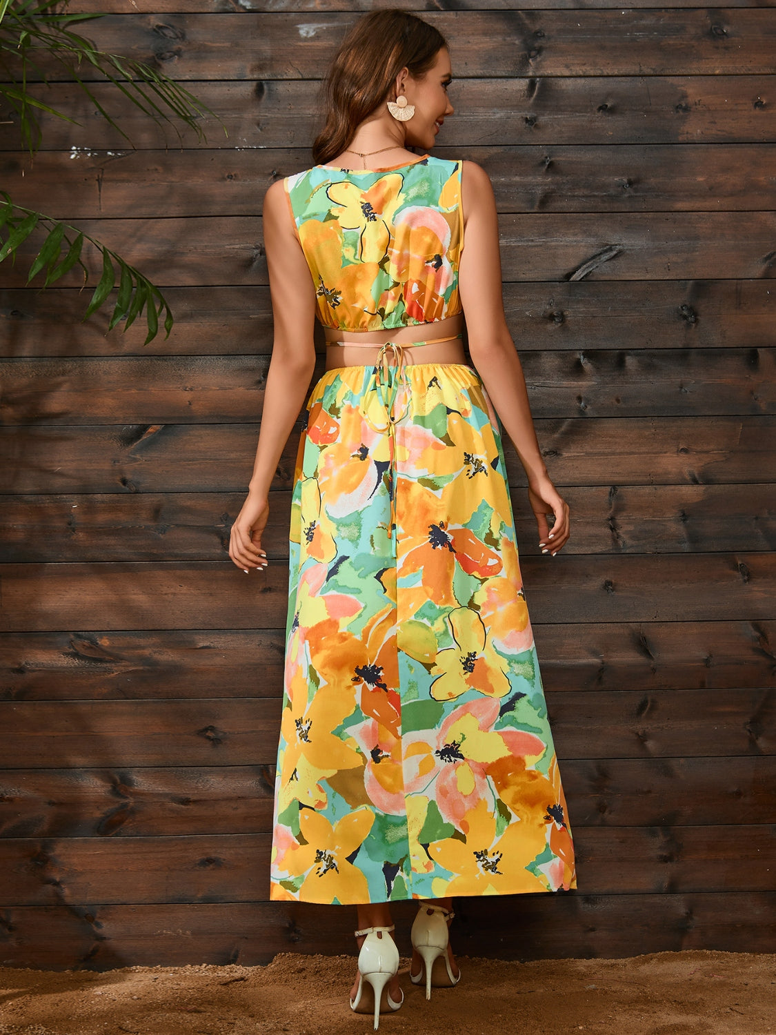 Cutout Floral Round Neck Sleeveless Dress