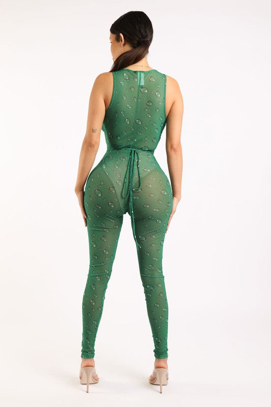 Water drop printed mesh jumpsuit