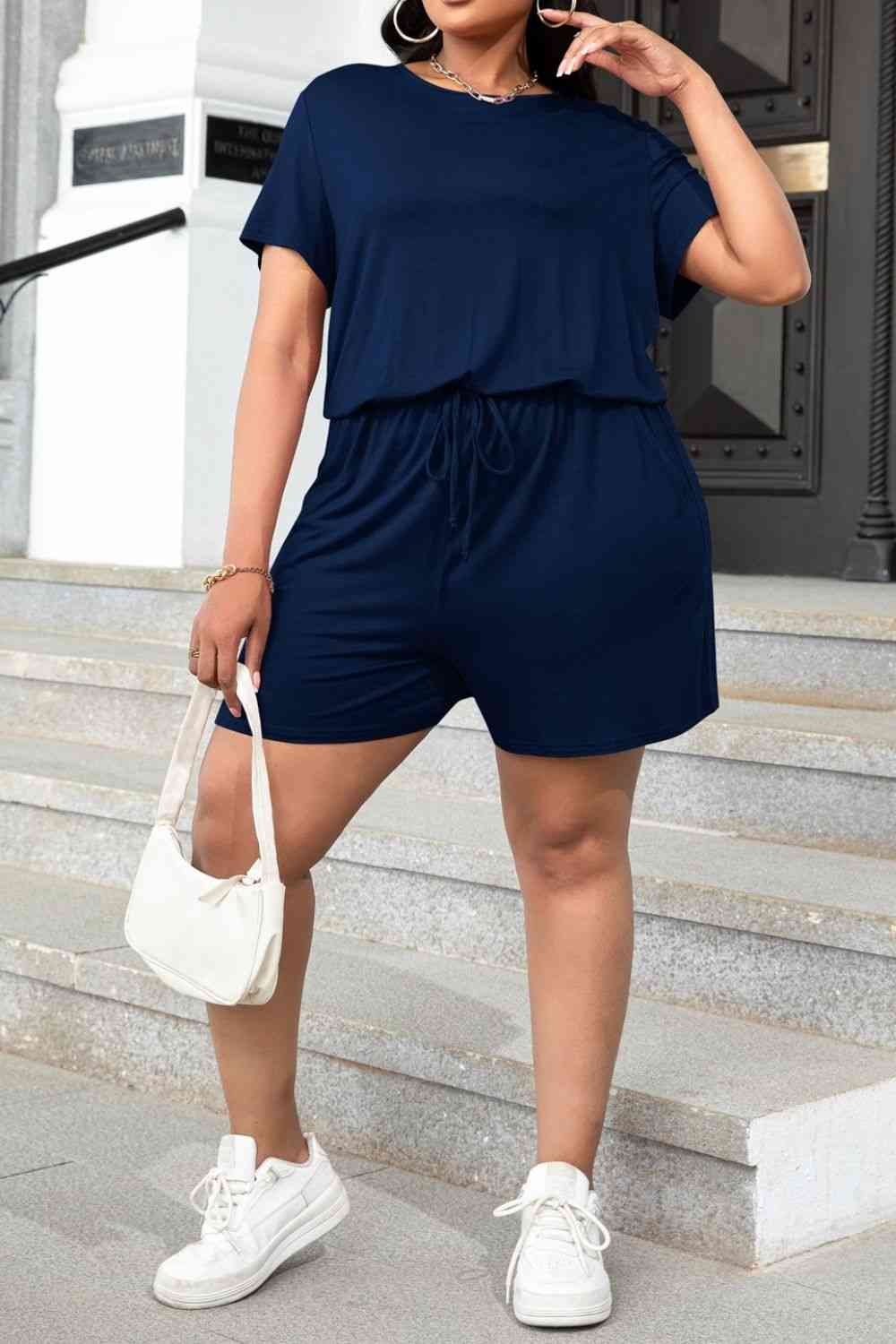 Plus Size Drawstring Waist Romper with Pockets