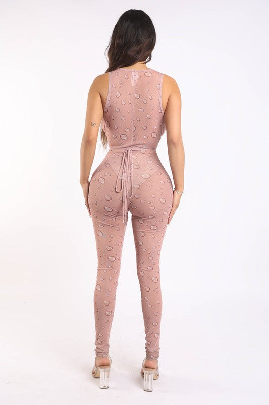 Water drop printed mesh jumpsuit