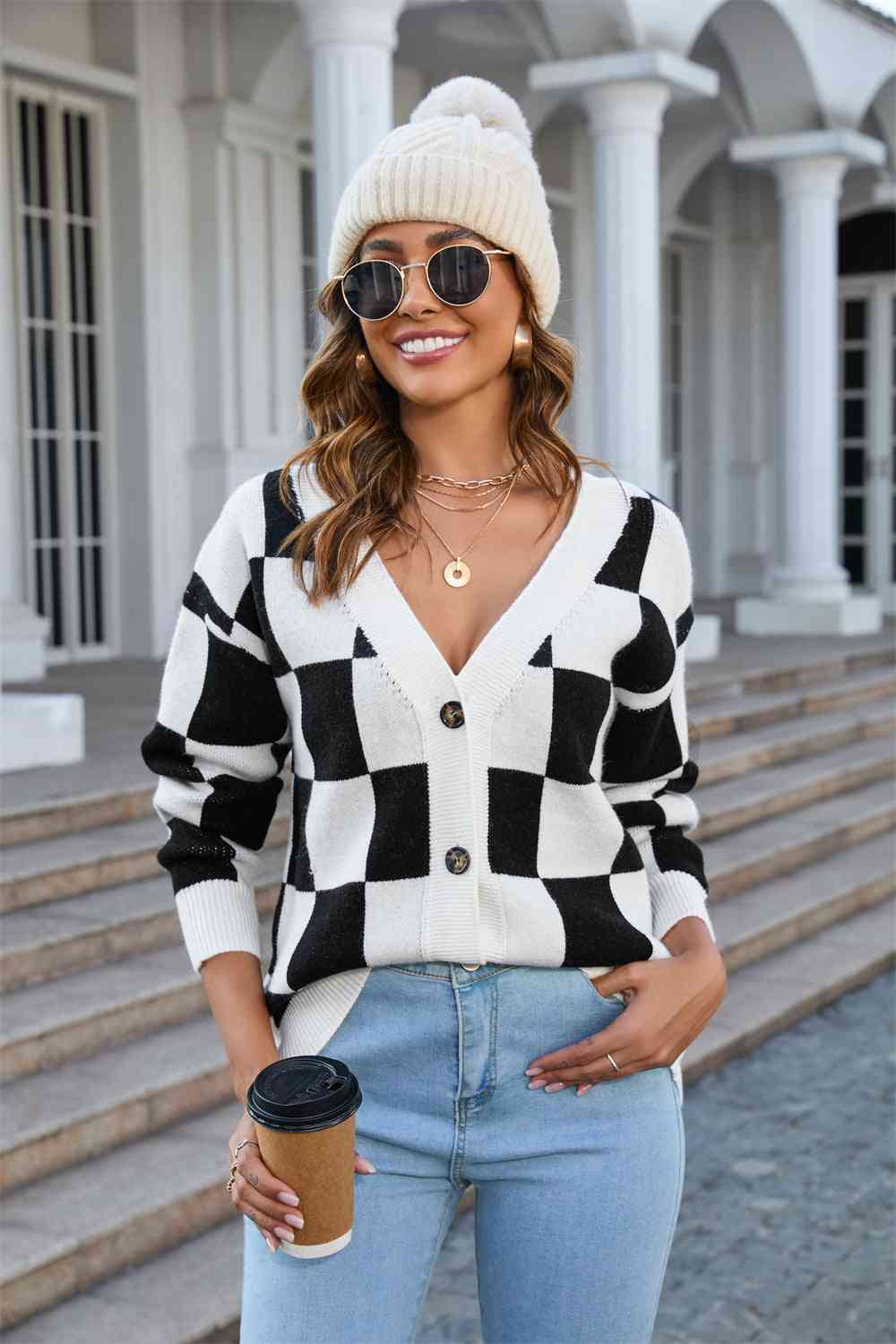 Button-Up V-Neck Dropped Shoulder Cardigan