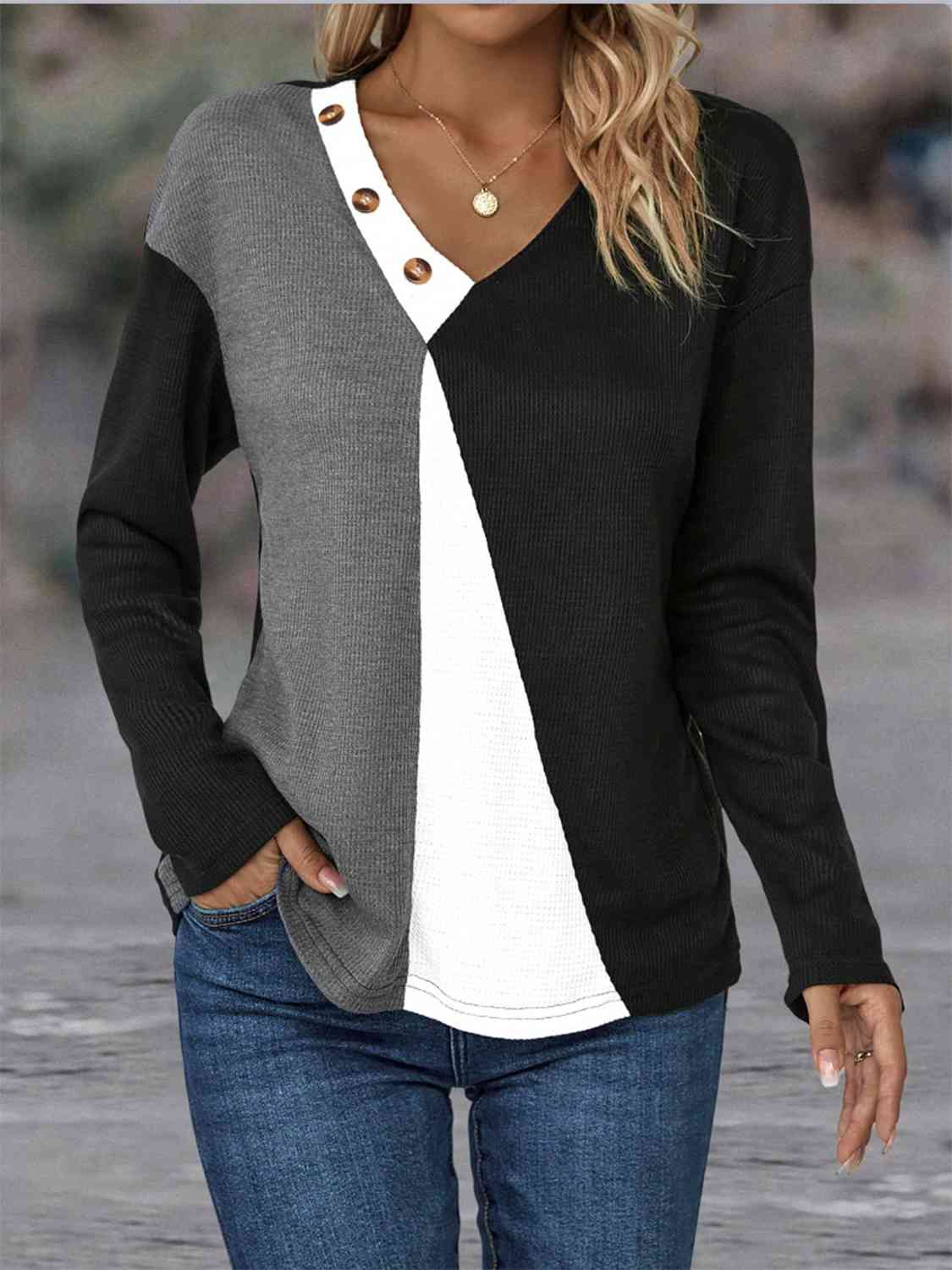 Color Block Decorative Button V-Neck Top