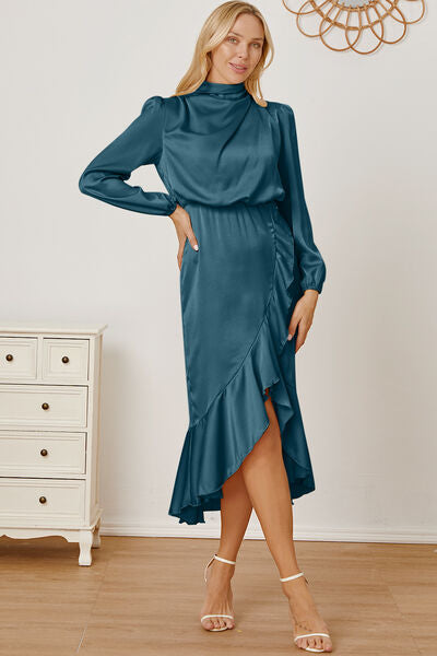 Mock Neck Ruffled Asymmetrical Dress