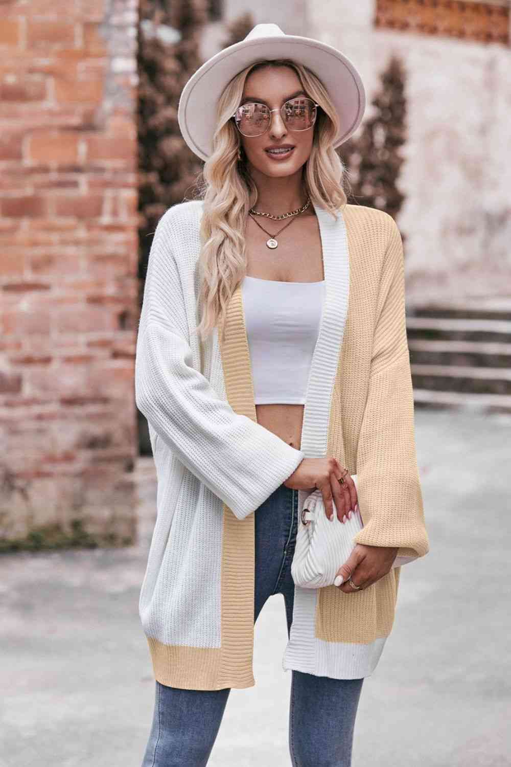 Woven Right Contrast Open Front Dropped Shoulder Longline Cardigan