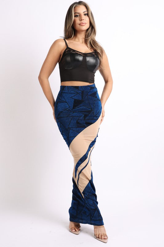 Mesh contrast asymmetrical maxi skirt