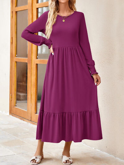 Round Neck Lantern Sleeve Ruffle Hem Dress