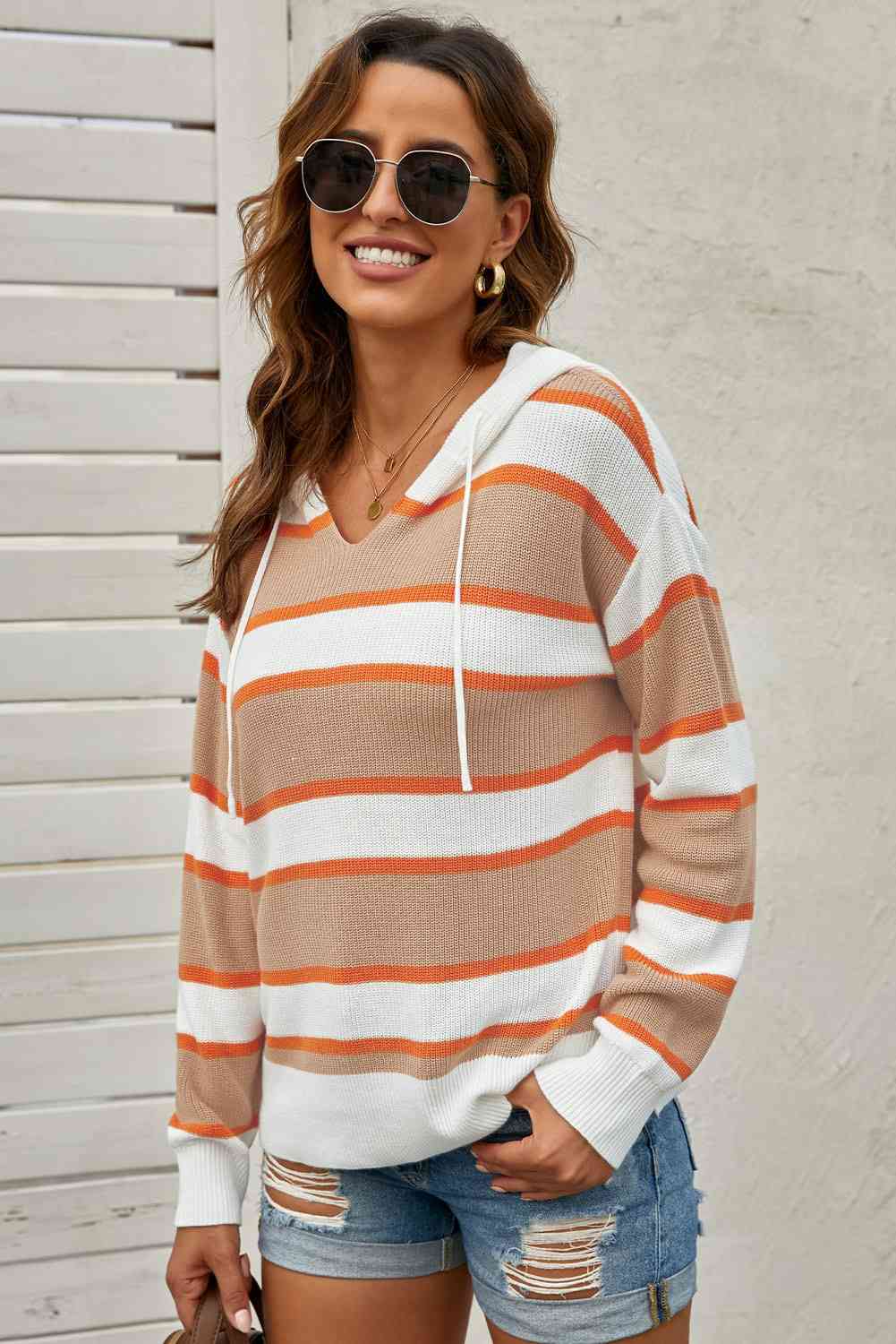 Striped Drawstring Hooded Sweater