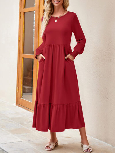 Round Neck Lantern Sleeve Ruffle Hem Dress