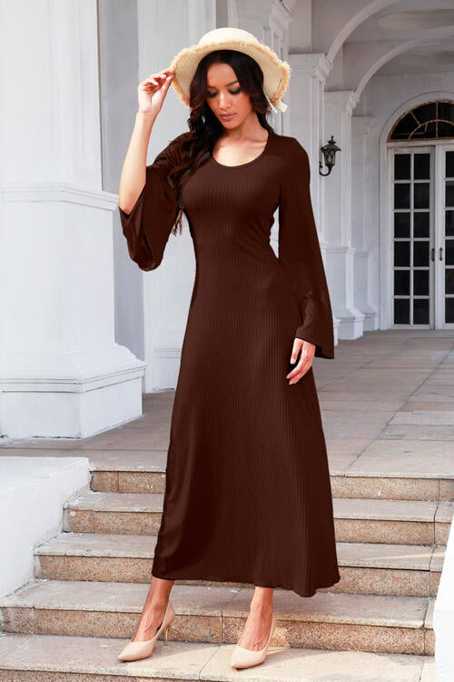 Tie Back Ribbed Round Neck Long Sleeve Dress