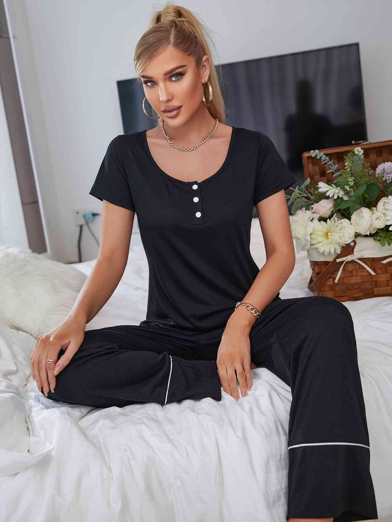 Scoop Neck Top and Elastic Waist Pants Lounge Set