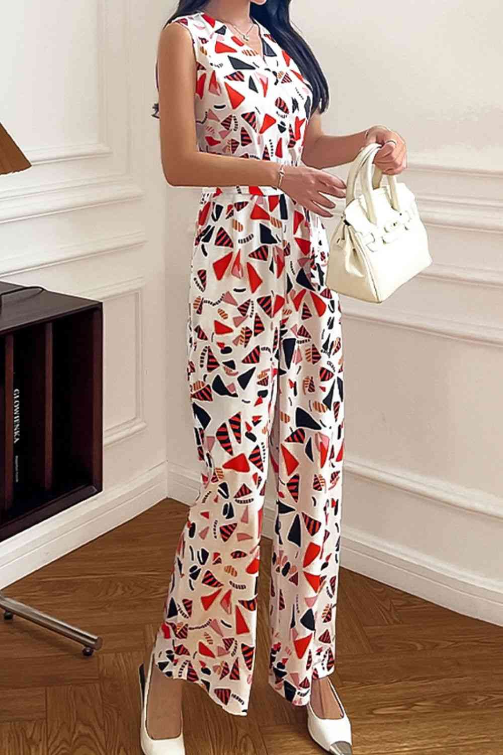 Printed Surplice Neck Sleeveless Jumpsuit