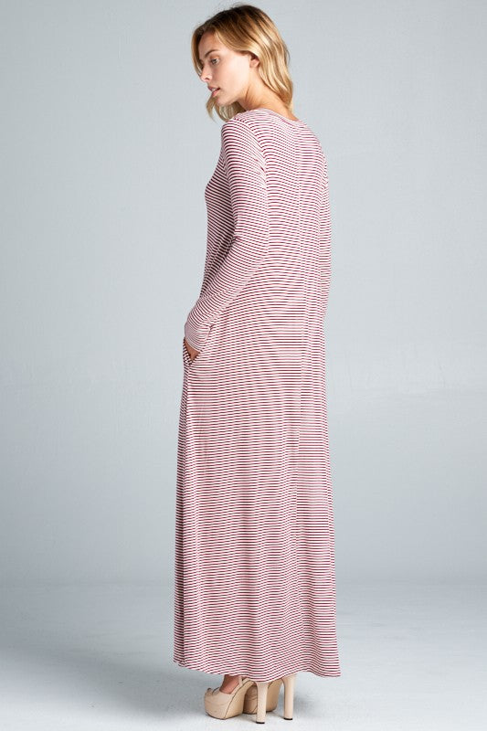 PIN STRIPE LONG SLEEVE SIDE POCKET MAXI DRESS