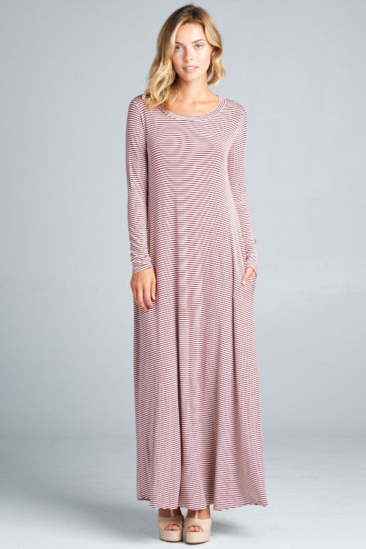 PIN STRIPE LONG SLEEVE SIDE POCKET MAXI DRESS