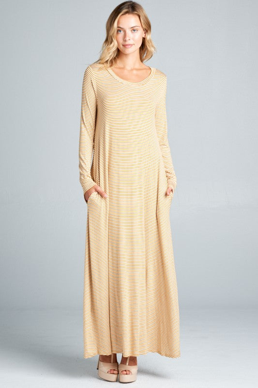 PIN STRIPE LONG SLEEVE SIDE POCKET MAXI DRESS