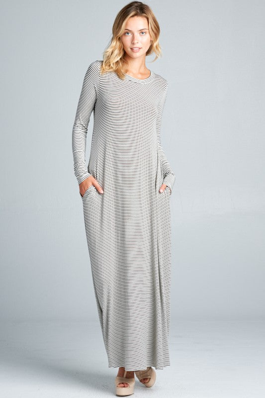 PIN STRIPE LONG SLEEVE SIDE POCKET MAXI DRESS