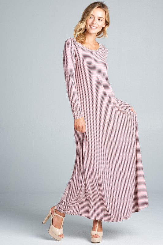 PIN STRIPE LONG SLEEVE SIDE POCKET MAXI DRESS