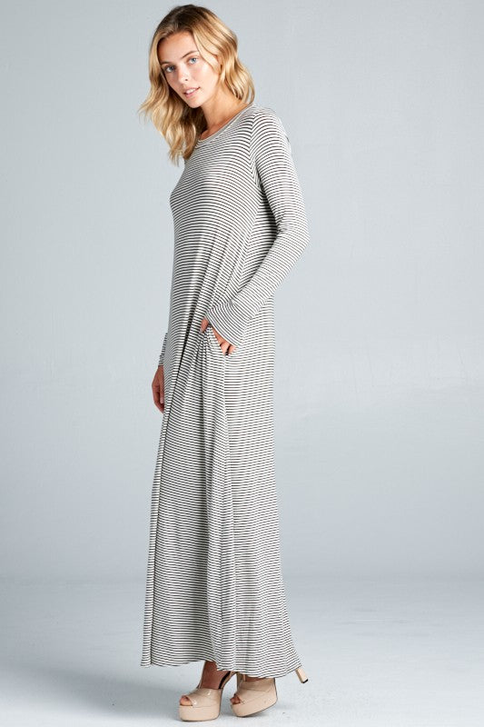 PIN STRIPE LONG SLEEVE SIDE POCKET MAXI DRESS