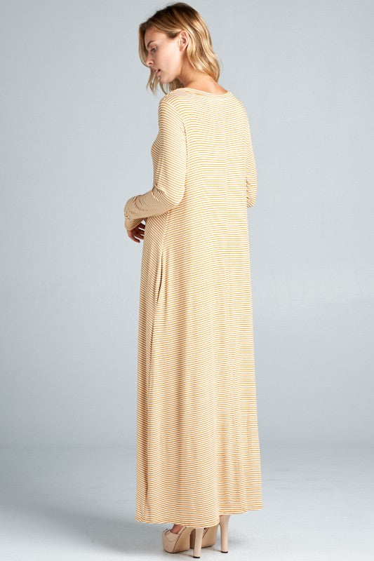 PIN STRIPE LONG SLEEVE SIDE POCKET MAXI DRESS