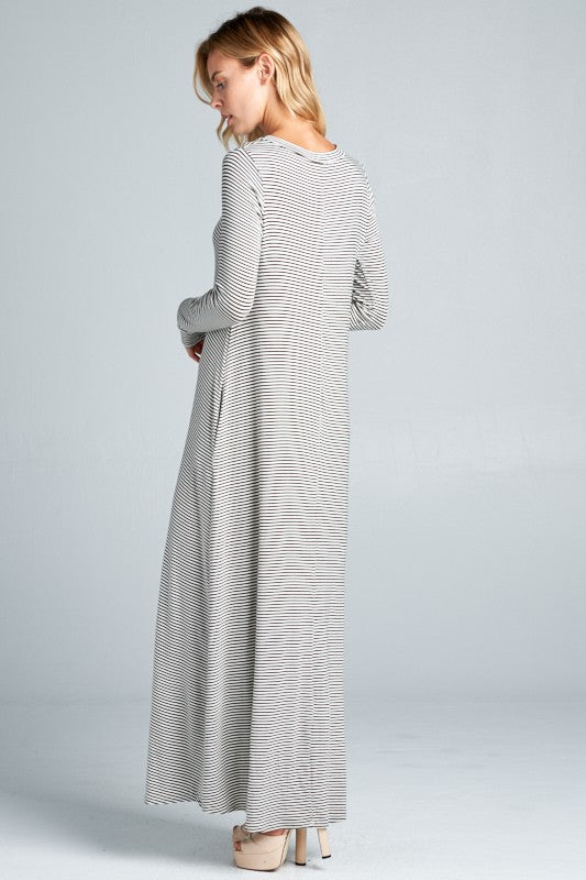 PIN STRIPE LONG SLEEVE SIDE POCKET MAXI DRESS