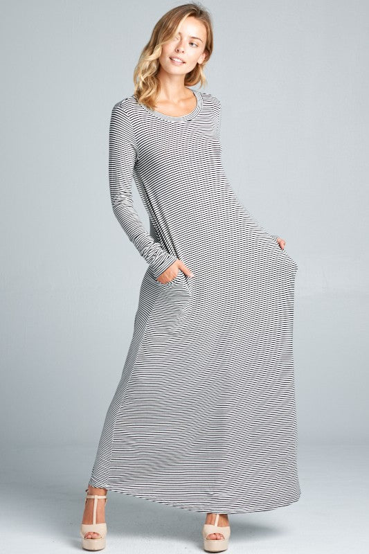 PIN STRIPE LONG SLEEVE SIDE POCKET MAXI DRESS