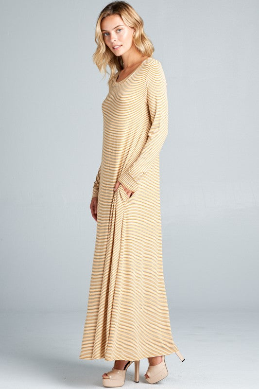 PIN STRIPE LONG SLEEVE SIDE POCKET MAXI DRESS