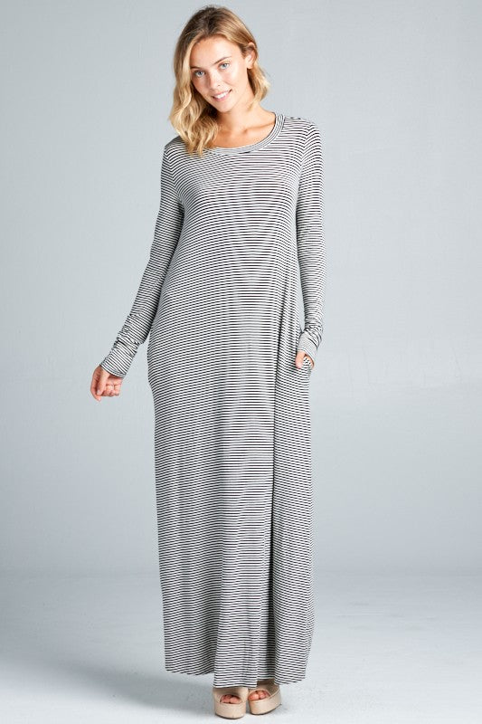 PIN STRIPE LONG SLEEVE SIDE POCKET MAXI DRESS