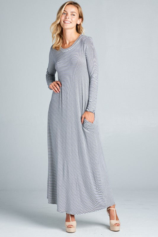 PIN STRIPE LONG SLEEVE SIDE POCKET MAXI DRESS