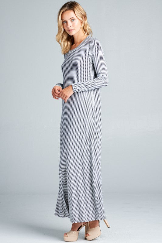 PIN STRIPE LONG SLEEVE SIDE POCKET MAXI DRESS