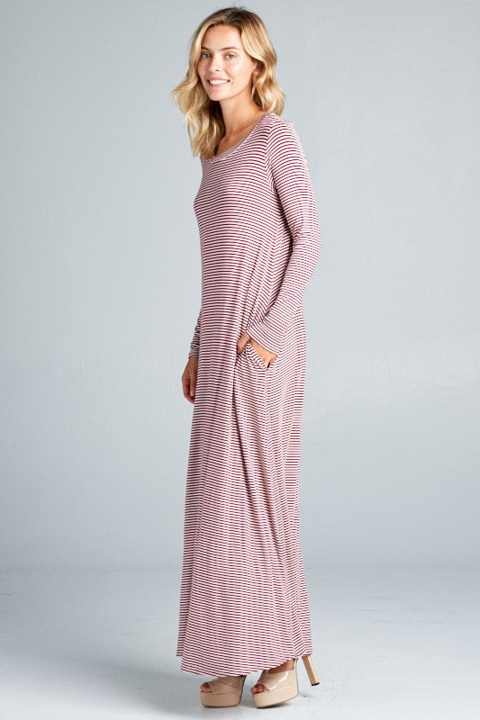 PIN STRIPE LONG SLEEVE SIDE POCKET MAXI DRESS