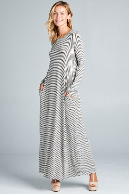 PIN STRIPE LONG SLEEVE SIDE POCKET MAXI DRESS