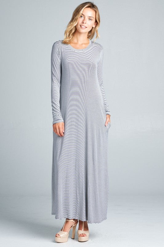 PIN STRIPE LONG SLEEVE SIDE POCKET MAXI DRESS