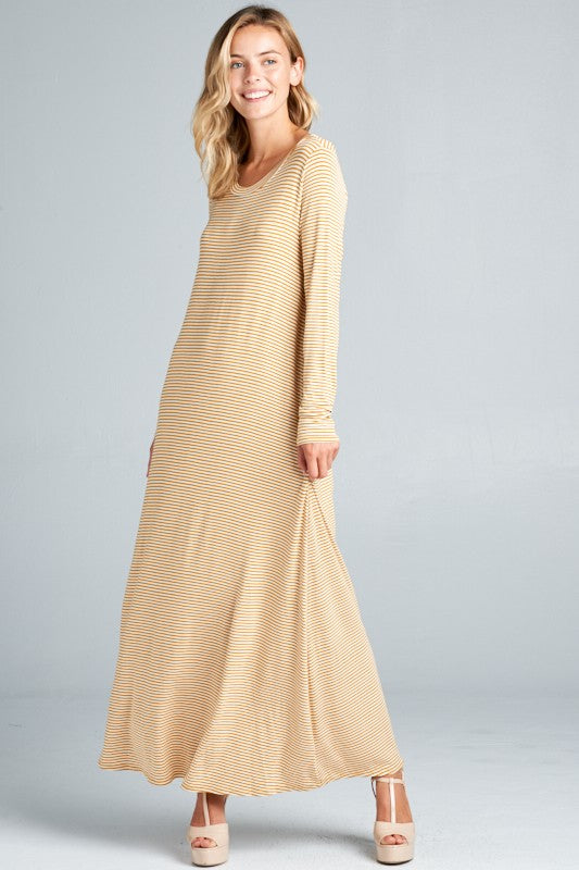 PIN STRIPE LONG SLEEVE SIDE POCKET MAXI DRESS