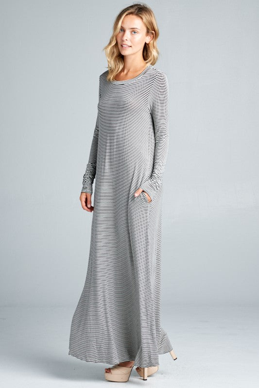 PIN STRIPE LONG SLEEVE SIDE POCKET MAXI DRESS