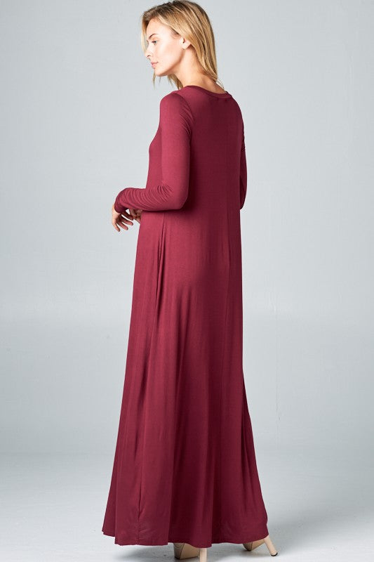 SOLID LONG SLEEVE SIDE POCKET MAXI DRESS