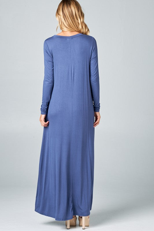 SOLID LONG SLEEVE SIDE POCKET MAXI DRESS