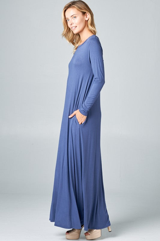 SOLID LONG SLEEVE SIDE POCKET MAXI DRESS