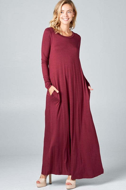 SOLID LONG SLEEVE SIDE POCKET MAXI DRESS