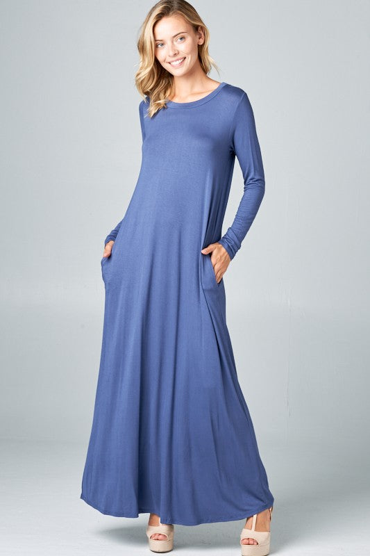 SOLID LONG SLEEVE SIDE POCKET MAXI DRESS