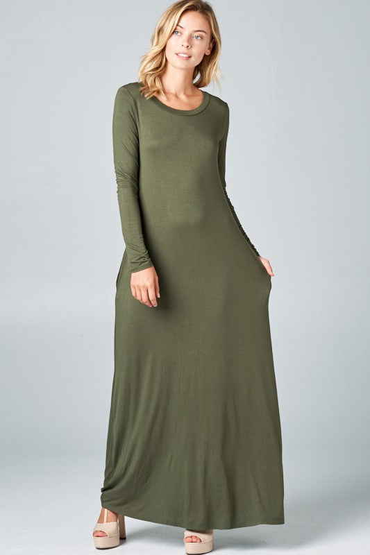 SOLID LONG SLEEVE SIDE POCKET MAXI DRESS