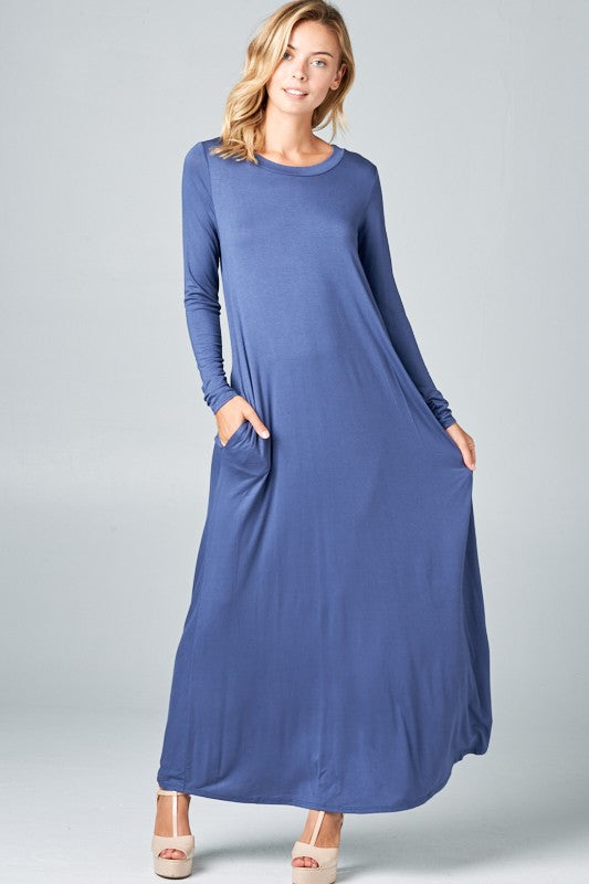 SOLID LONG SLEEVE SIDE POCKET MAXI DRESS