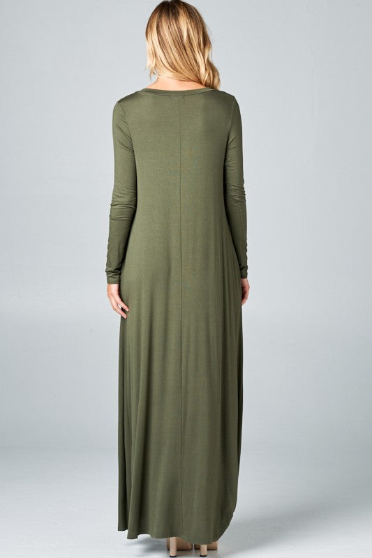 SOLID LONG SLEEVE SIDE POCKET MAXI DRESS